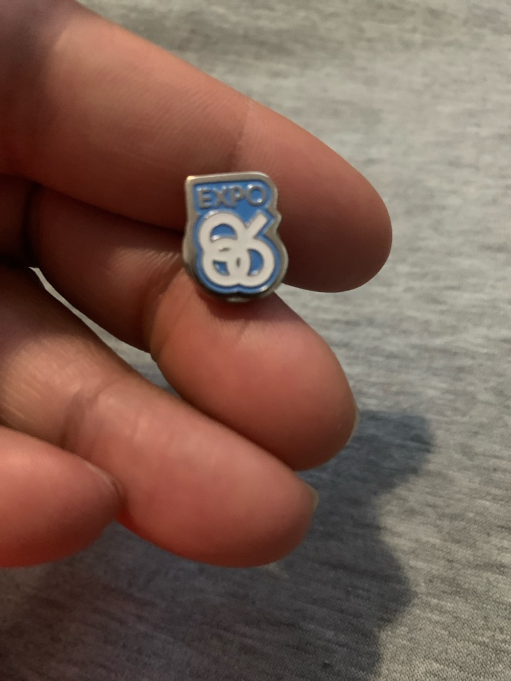Vintage Expo '86 Blue and White Pin unisex
